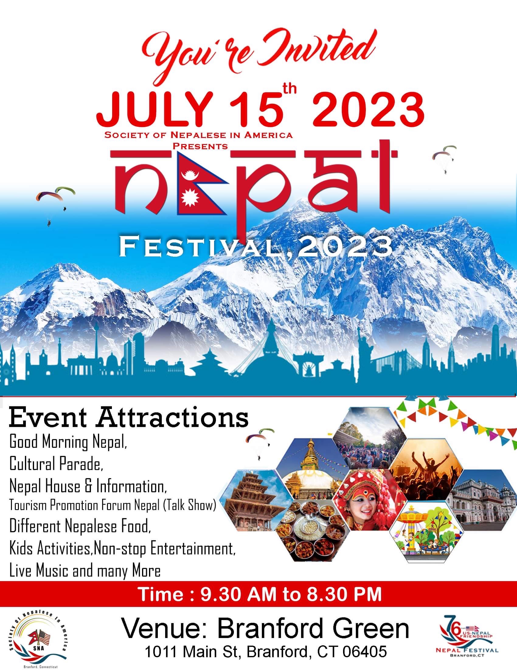 Copy of flyer for the Nepal Festival on Saturday, July 15 on the Branford Green