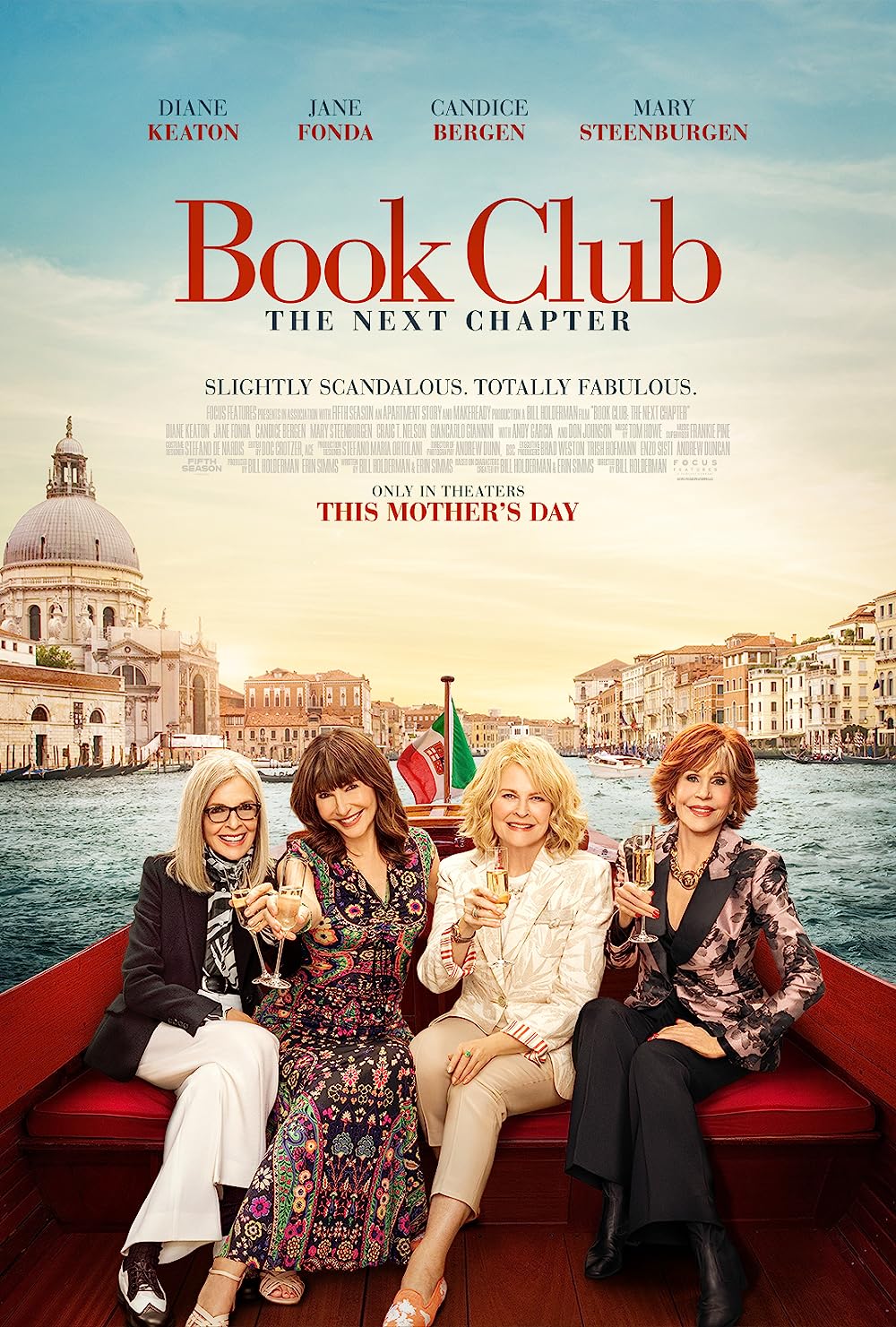 Book Club: The Next Chapter Movie poster. Four older women sitting in a boat with an Italian city in the background.