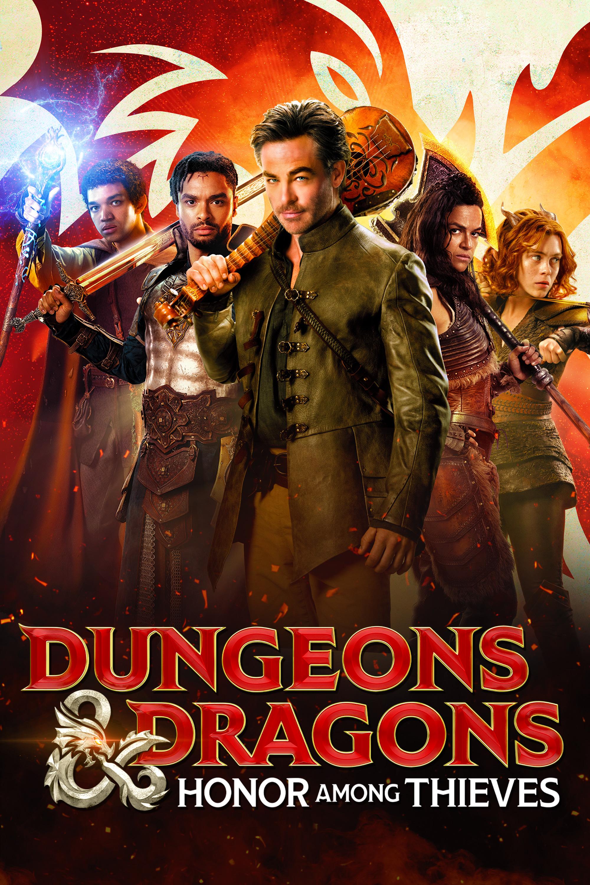 Movie poster for Dungeons & Dragons: Honor Among Thieves. A group of adventurers stands in front of a red dragon background.