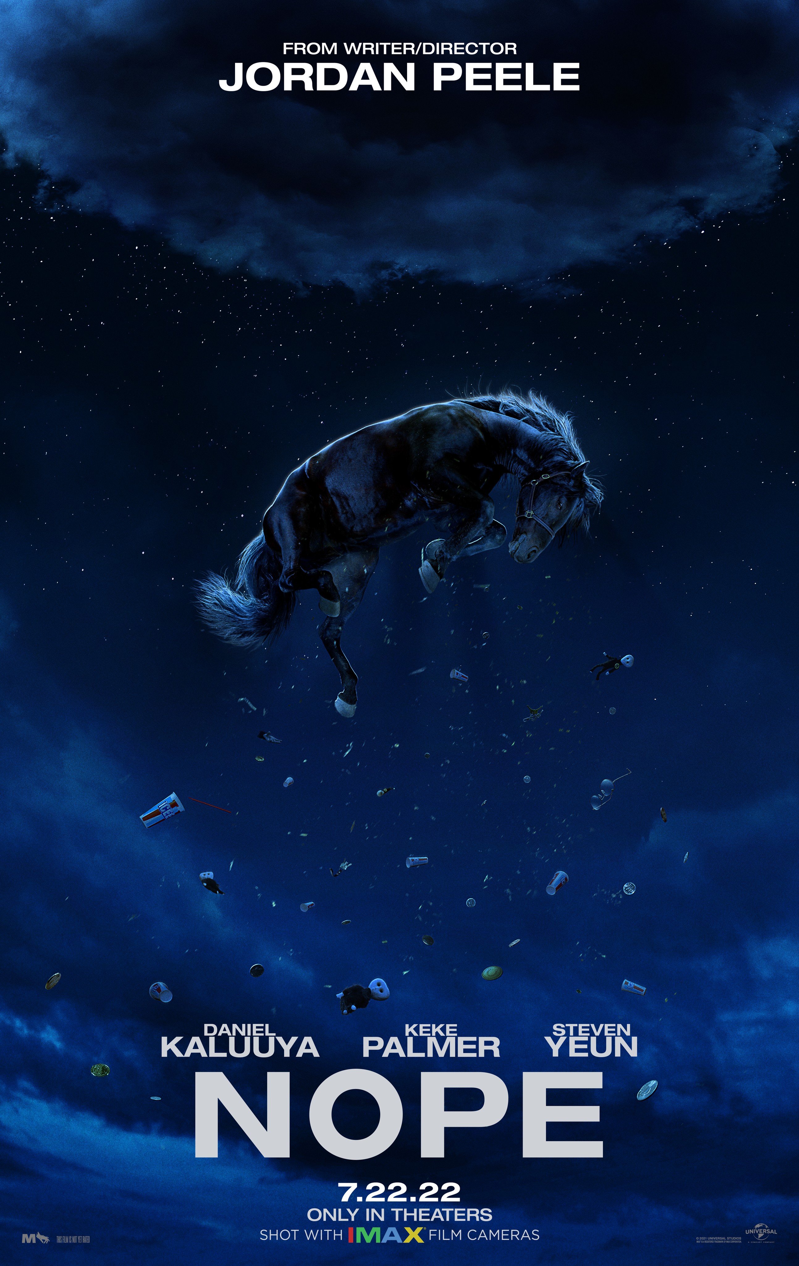Movie poster for Nope. A horse floats into the sky towards dark clouds.