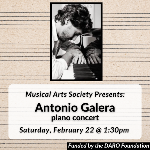 Musical Arts Society Presents: Antonio Galera Piano Concert on Saturday, February 22 at 1:30pm