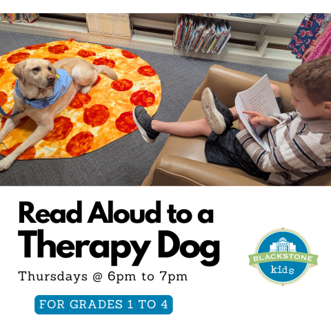 Read Aloud to a Therapy Dog Thursdays at 6pm for grades 1 to 4