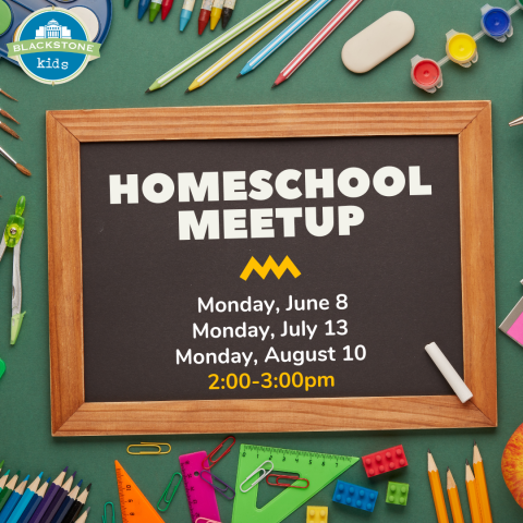 Homeschool meetup meets 6/8, 7/13, and 8/10 from 2-3pm