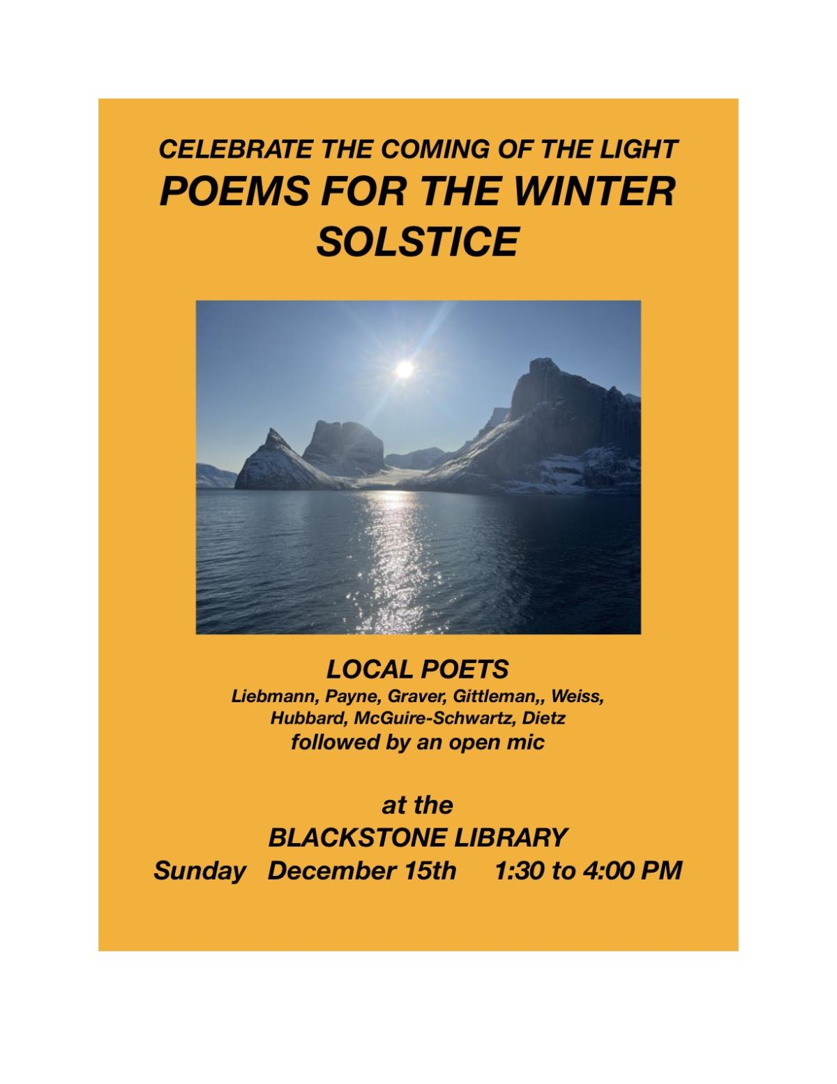 Poems for the Winter Solstice on Sunday, December 15th from 1:30 to 4pm