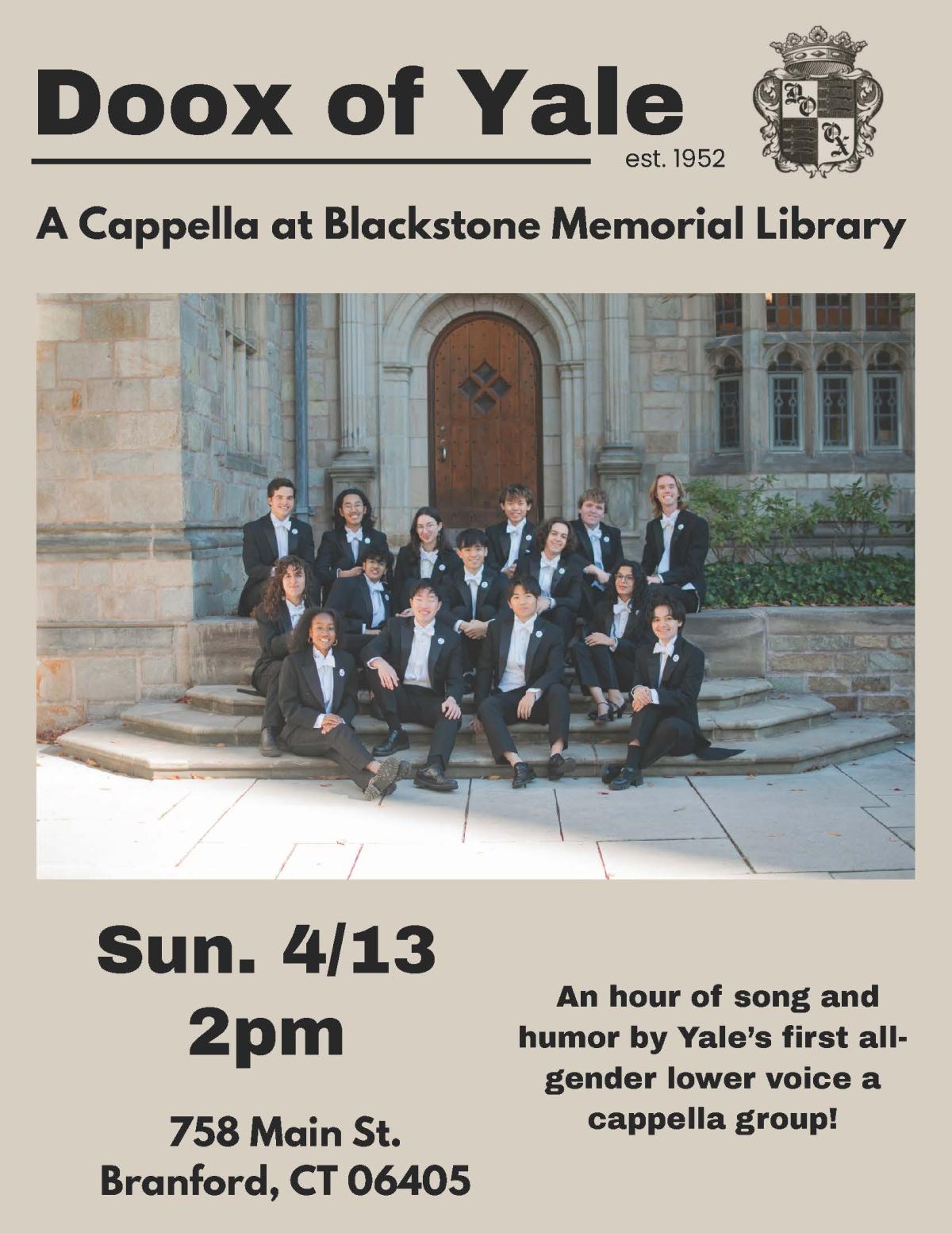Doox of Yale A Cappella Concert on Sunday, April 13th at 2pm.