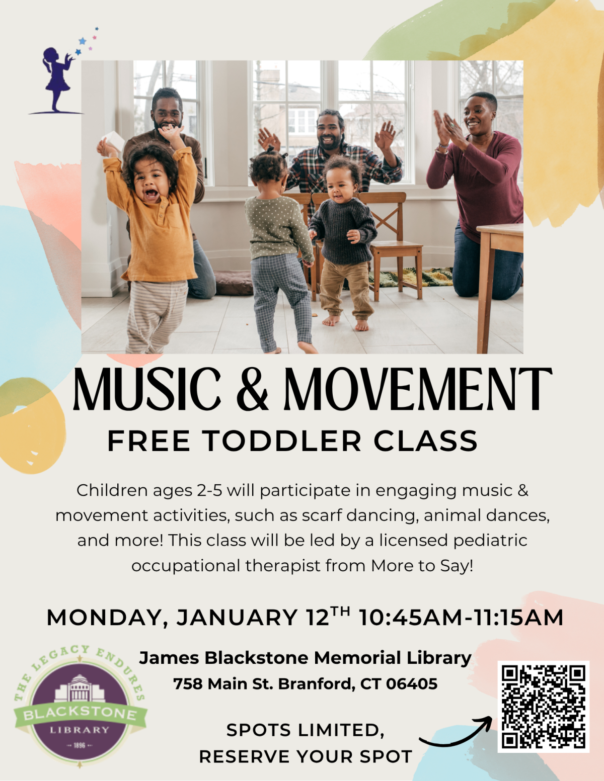 Music & Movement Free Toddler Class Monday, January 12 10:45 to 11:15am
