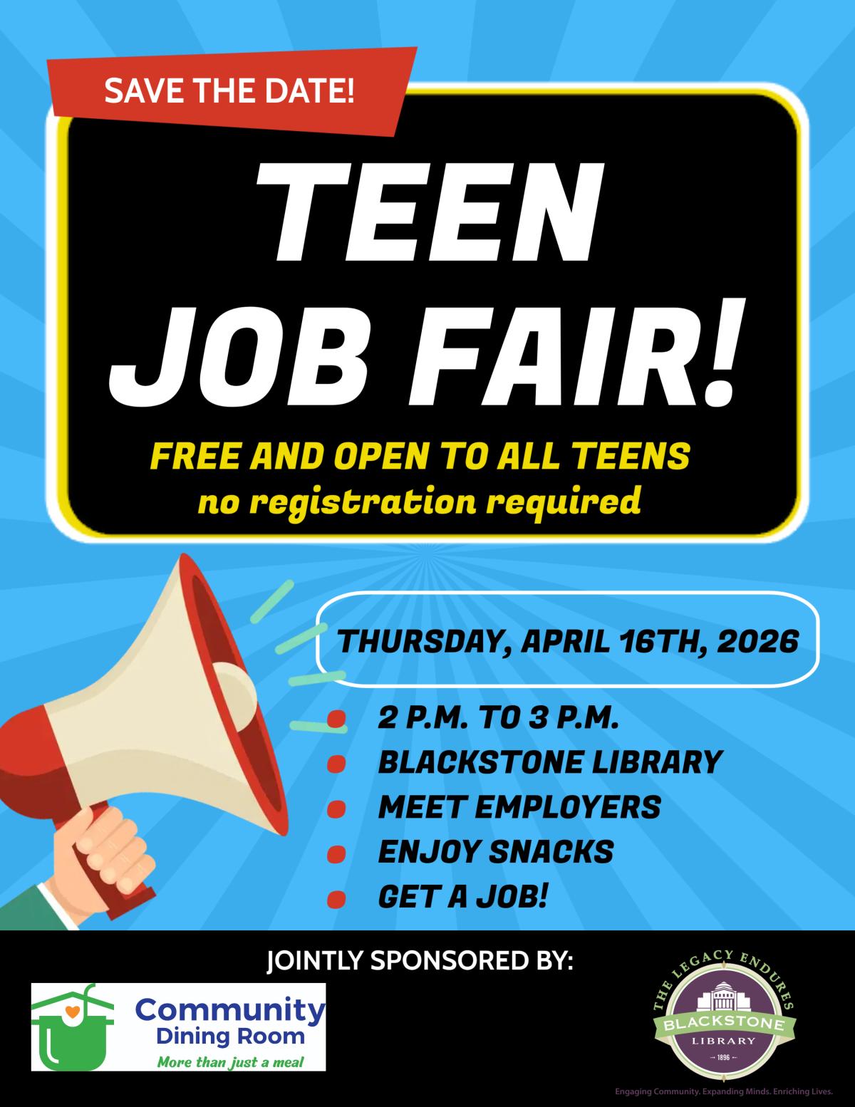 Teen Job Fair - April 16 at 2-3pm